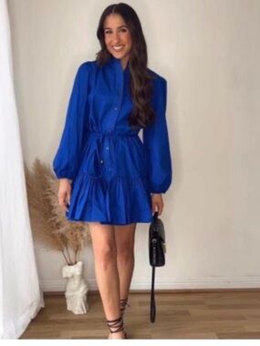 Zara Royal Blue Long-Sleeve Mini Shirt Dress